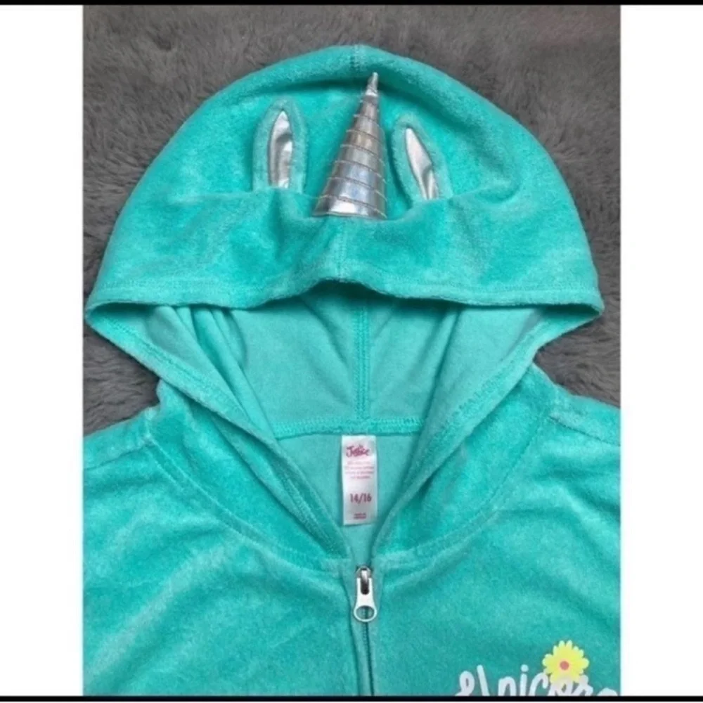 Justice mint green terry knit zip up unicorn life swim suit cover up